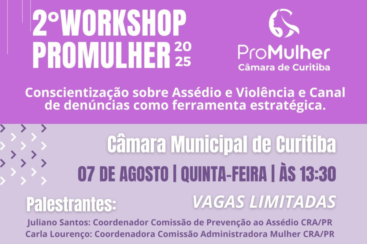 No dia 7, Câmara de Curitiba terá workshop sobre assédio e canais de denúncia